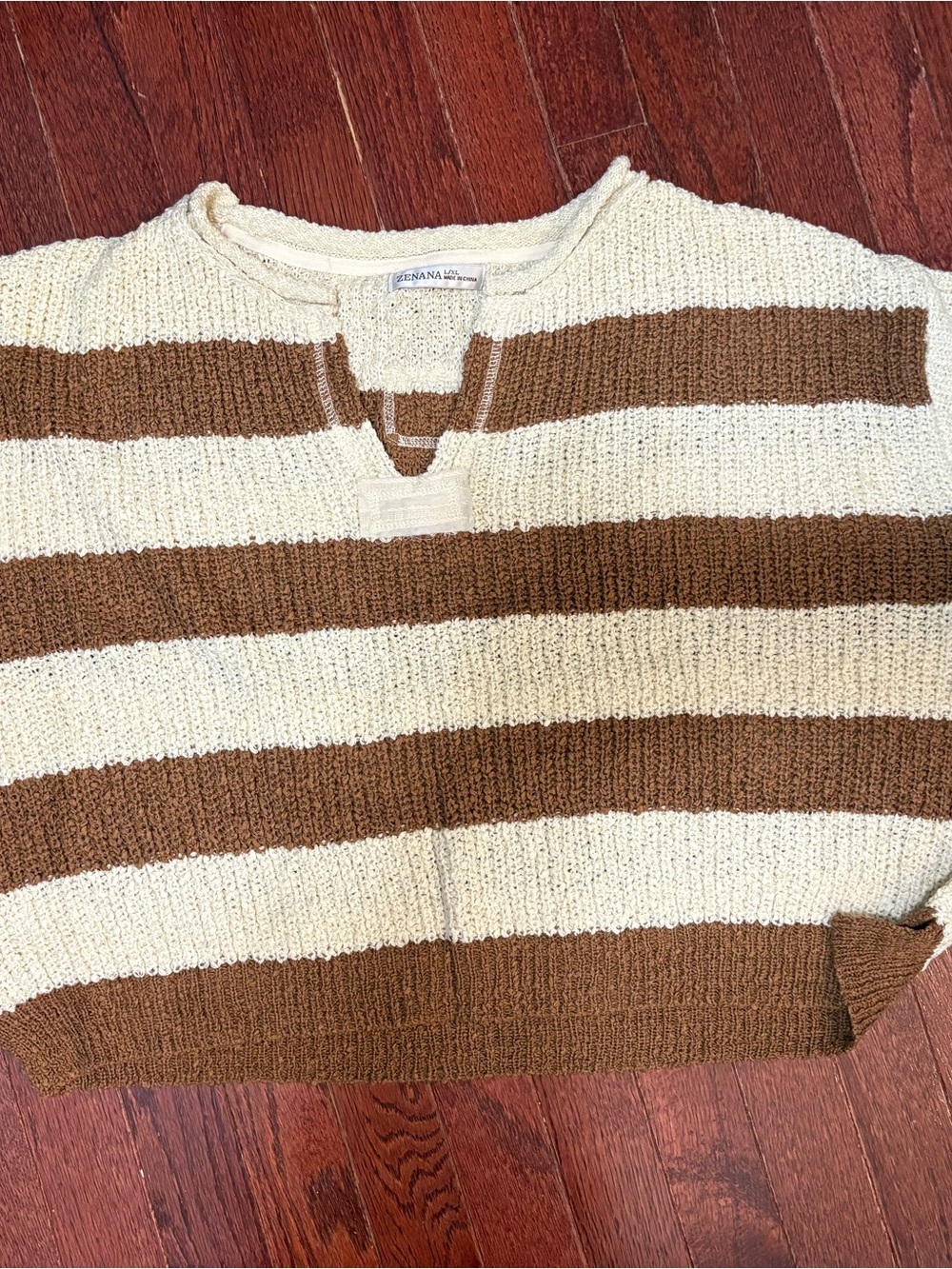 Zenana Outfitters Cream and Brown Striped V-Neck Knit Top - Picture 2 of 8